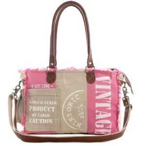 Myra Bag Pink and Beige Vintage Canvas Tote with Brown Handles